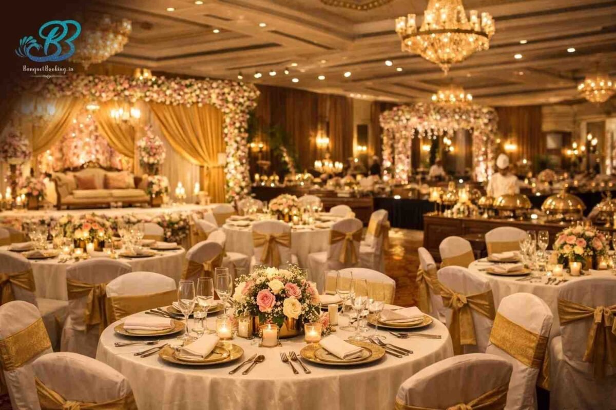 Wedding banquet hall in Delhi showing event space and seating