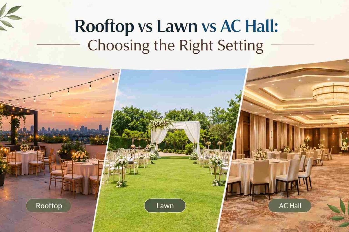 Rooftop vs Lawn vs AC Hall: visual comparison of three event venue settings for celebrations.