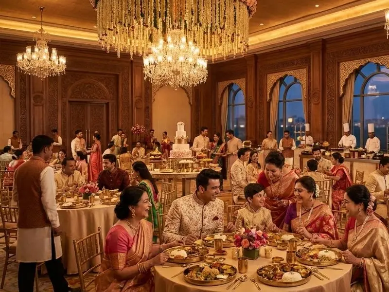 Elegant wedding banquet hall in Delhi, India, decorated with flowers and ambient lighting, with Indian couples, guests, and professional staff enjoying the event.