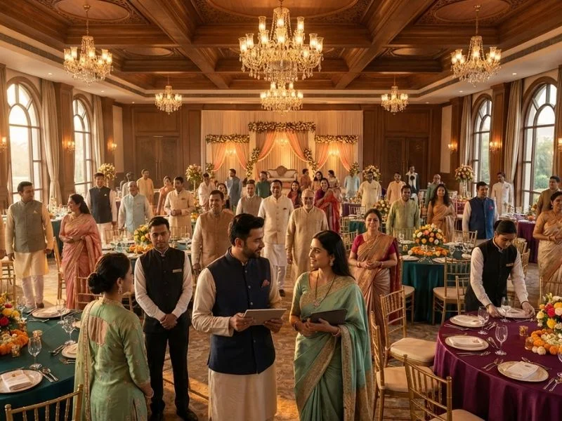 Spacious and elegantly decorated banquet hall in Peeragarhi, India, ready for weddings, birthdays, and corporate events with Indian guests and staff.