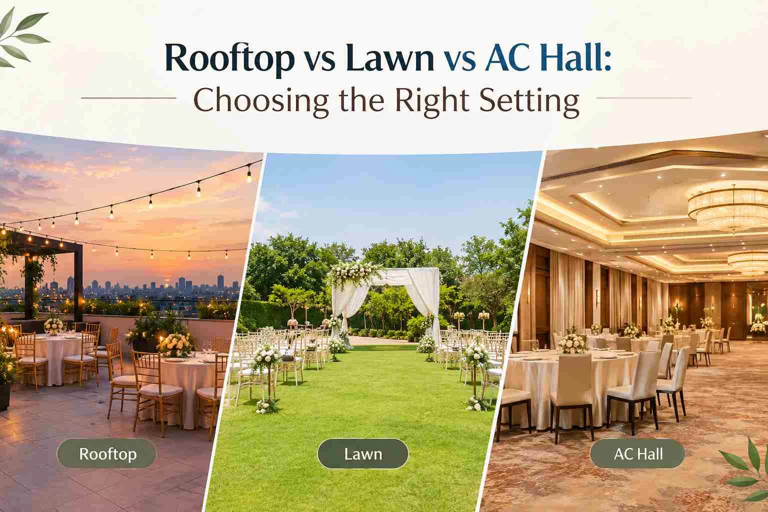 Rooftop vs Lawn vs AC Hall: visual comparison of three event venue settings for celebrations.